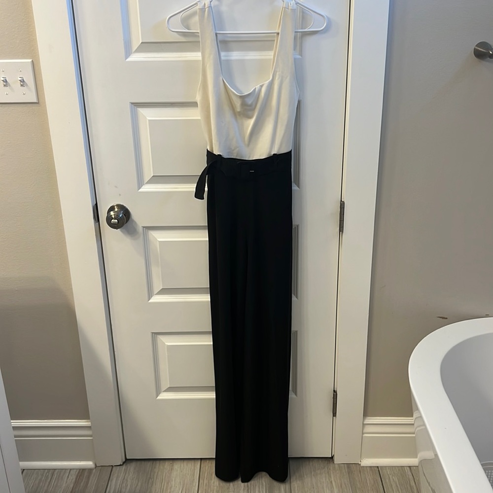 Express Wideleg Paper Bag Jumpsuit - Black and White - Size S